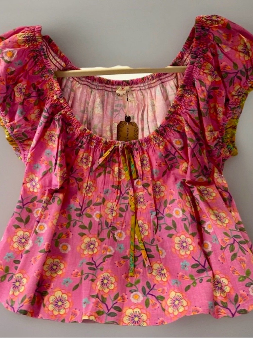 NATURAL LIFE Camille Cotton Swing Top Puff Sleeves Pink Vines XL NWT